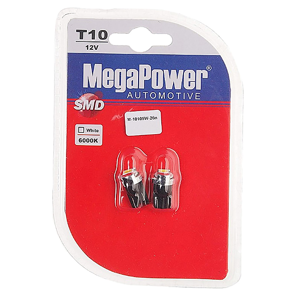 фото Лампа светодиодная 12v w5w t10w w2.1x9.5d 6000k бесцокольная блистер (2шт.) megapower