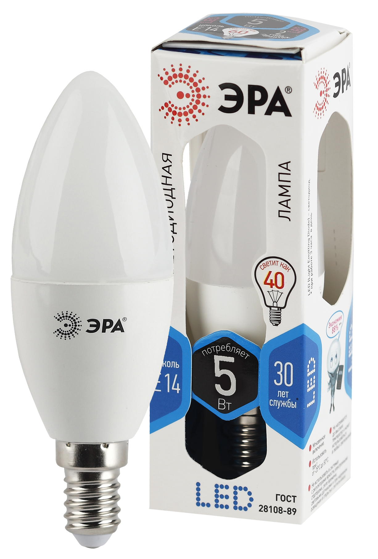 фото Лампа светодиодная e14 b35 5w (40w) 220v холодный эра era