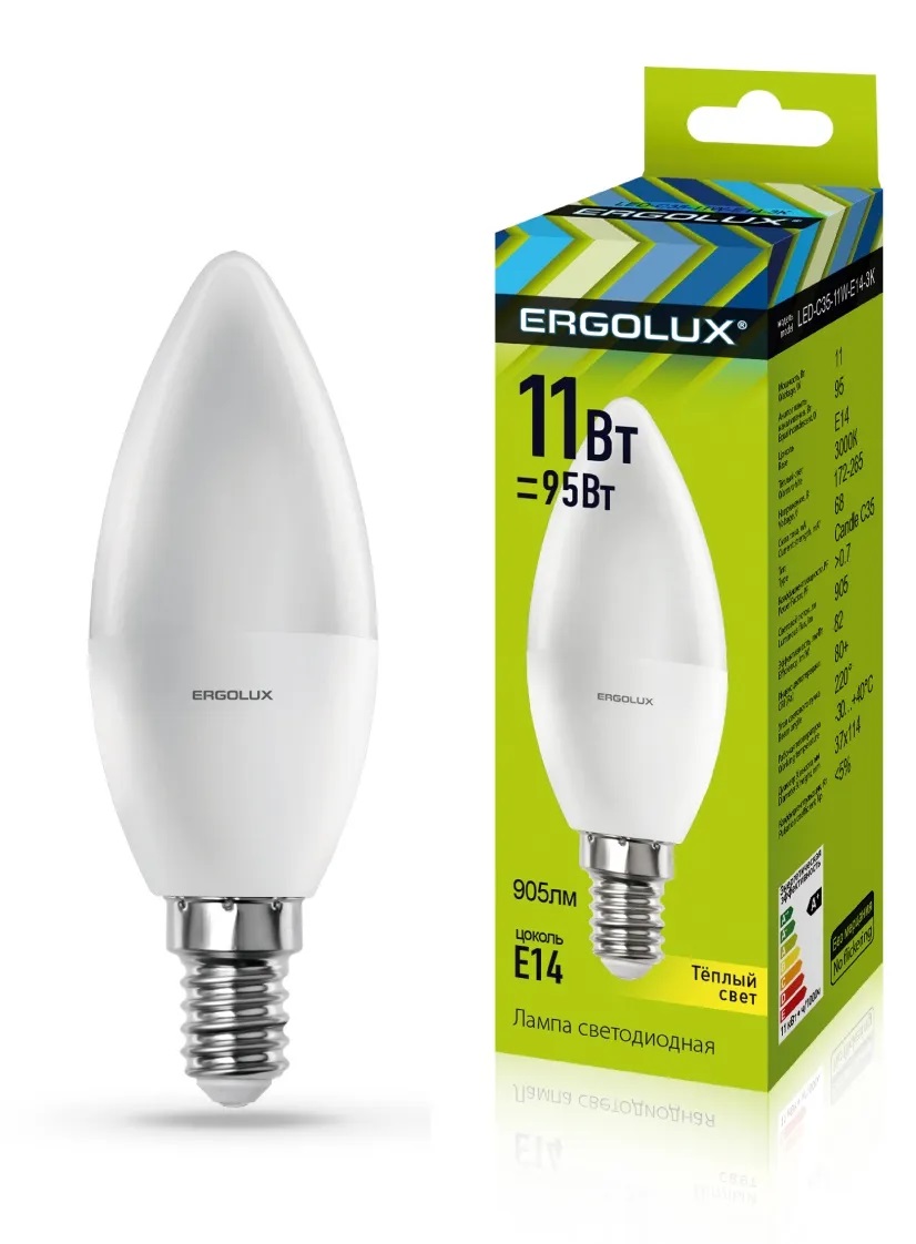 Лампа светодиодная E14 C35 11W (95W) 220V теплый ERGOLUX