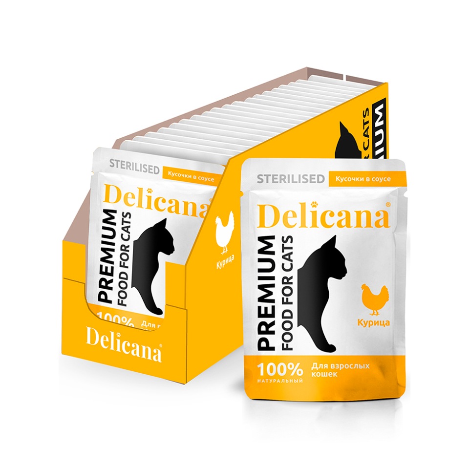 

Влажный корм для кошек Delicana, курица, 25шт, 85г