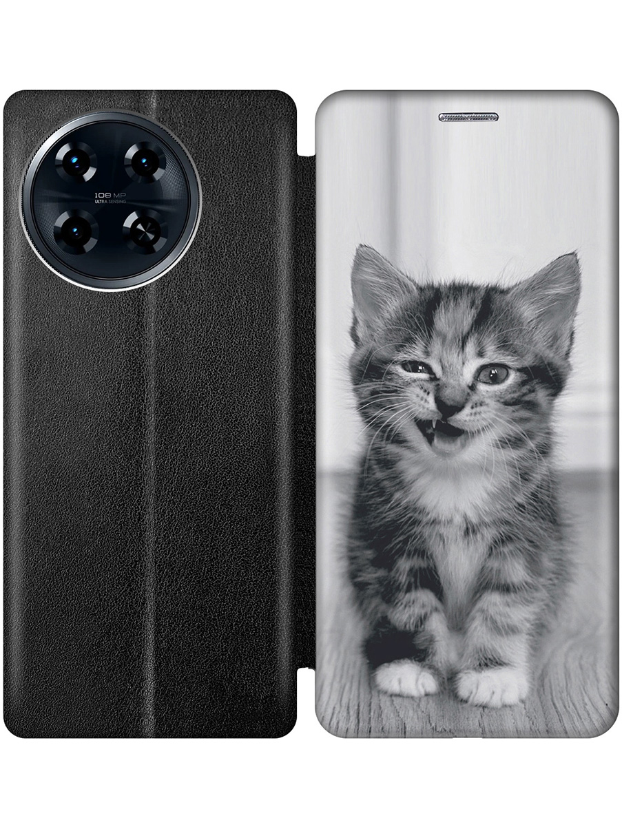 

Чехол-книжка на Tecno Spark 20 Pro+ с принтом "Котенок с ухмылкой" черный, Черный;белый;серый, 783985011