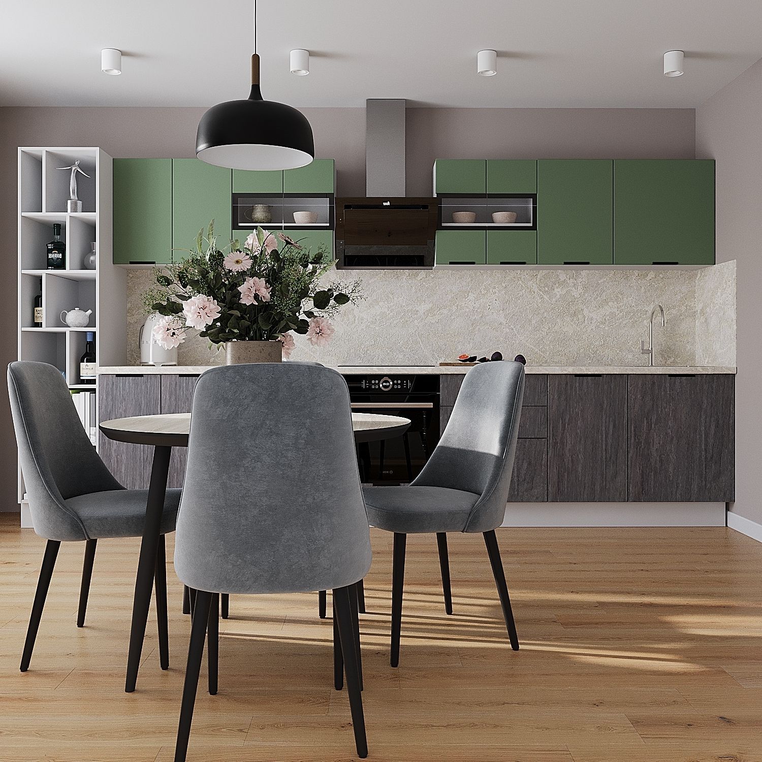 

Кухонный гарнитур прямой Карандаш Фаворит МДФ 4 м, Серый матовый/Олива матовый, Фаворит