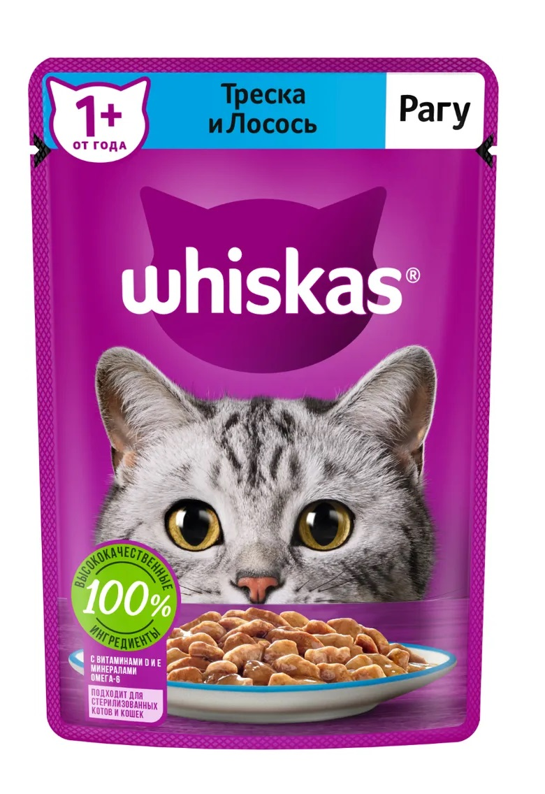 

Влажный корм для кошек Whiskas рагу с треской и лососем, 28шт по 75г