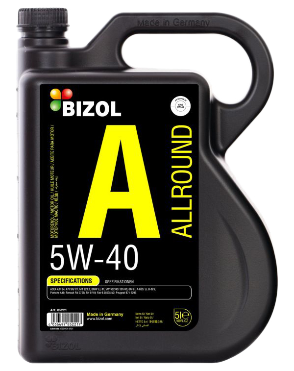 

Моторное масло BIZOL Allround ACEA A3/B4 API SN/CF синтетическое 5W40 5л