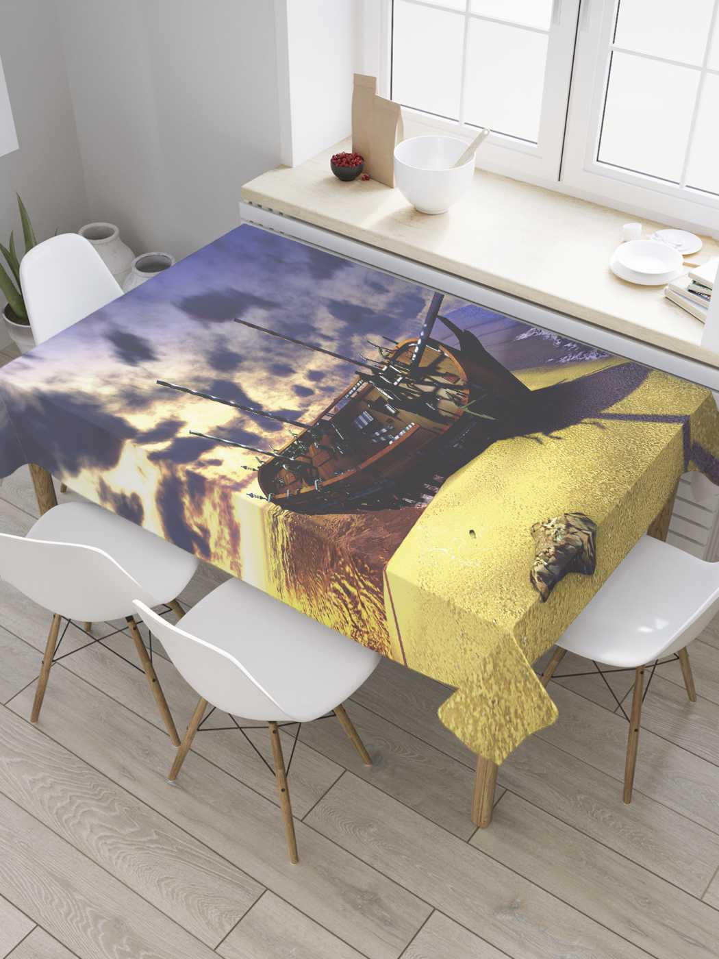 

Скатерть прямоугольная JoyArty "Корабль в песке" из сатена, 180x145 см, Желтый, Корабль в песке