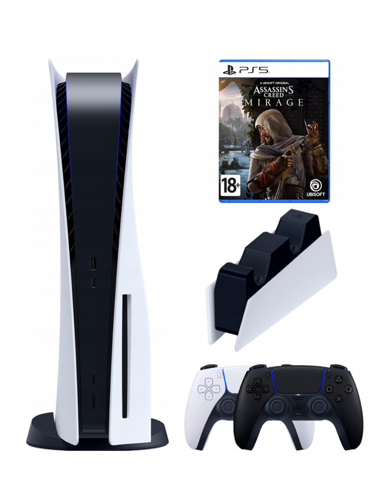 

Приставка Sony PlayStation 5+2-ой геймпад(черный)зарядное Assassin's creed mirage (диск), Белый;черный