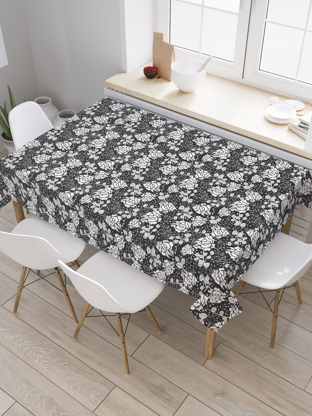 

Скатерть прямоугольная JoyArty "Трафарет из веток роз" из оксфорда, 180x145 см, Черный, Трафарет из веток роз