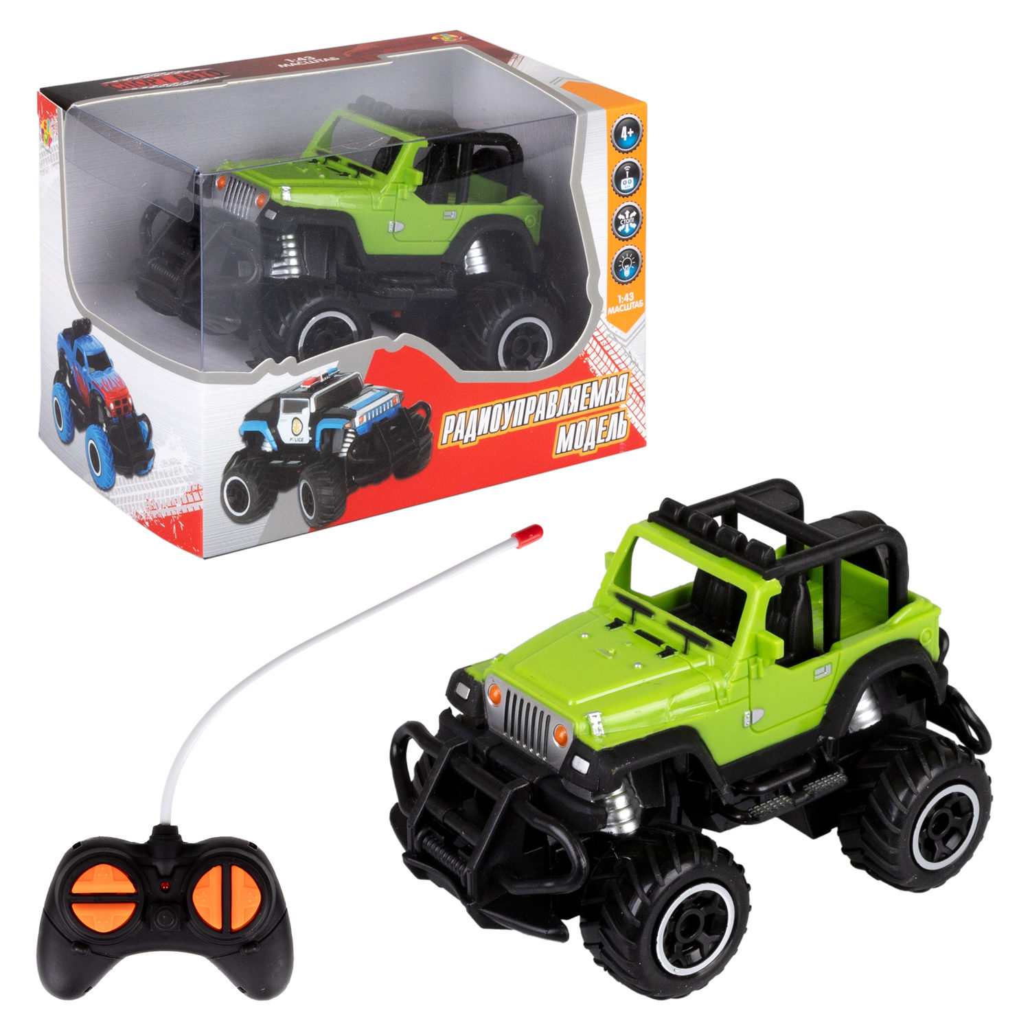 Машинка 1toy Спортавто джип на радиоуправлении 1:43 свет, зеленый интерактивная игрушка 1toy robo life тираннозавр рекс т17168 зеленый