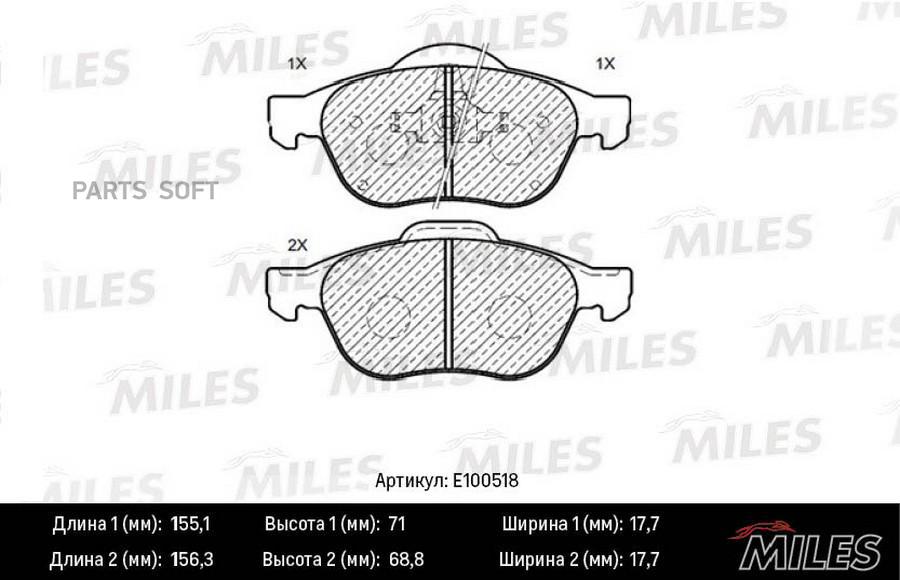 

Колодки тормозные RENAULT LAGUNA 01-/SCENIC 03- передние SemiMetallic 1шт MILES E100518