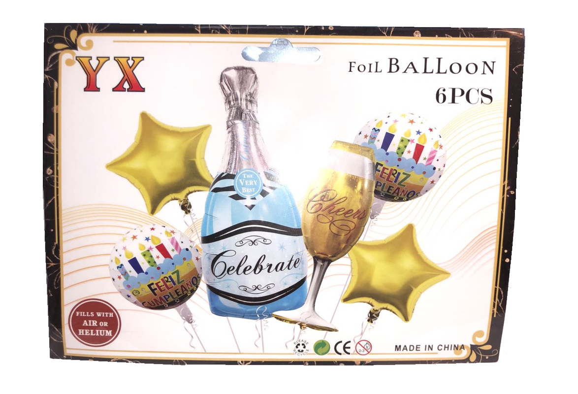 Набор фольгированных шаров COSY шесть шаров с поздравлениями Шампанское Голубое