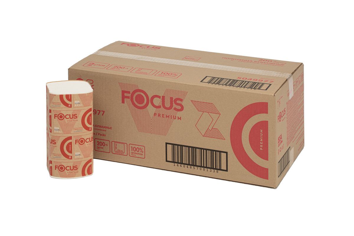 Бумажные полотенца Focus V-сложения Premium 2 слоя 200 листов 23х23 см