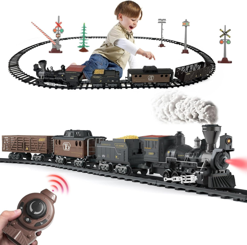 Железная дорога Fenfa с паром на пульте управления, свет, звук - 1613E железная дорога cs toys с пультом управления длина полотна 374 см свет звук 2815y