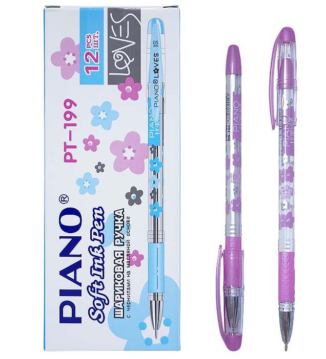 Ручка шариковая Piano PT-199 синяя 0.5мм. Цветочки игольчатый наконечник 12 шт.