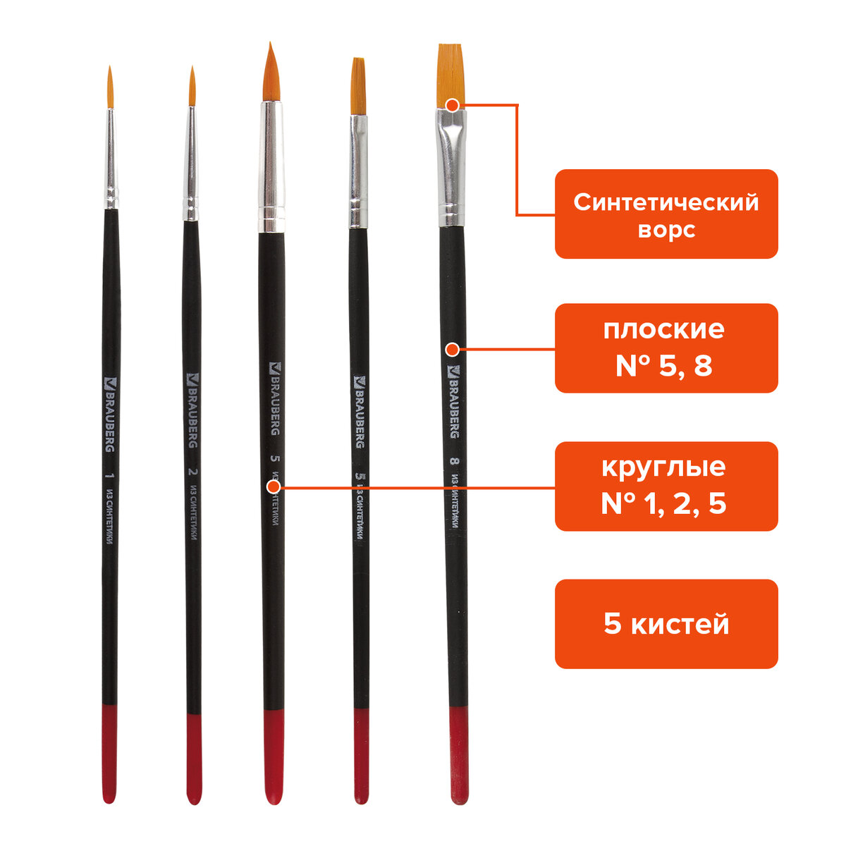 

Кисти Brauberg синтетическая круглая № 1, 2, 5, плоская № 5, 8, 244