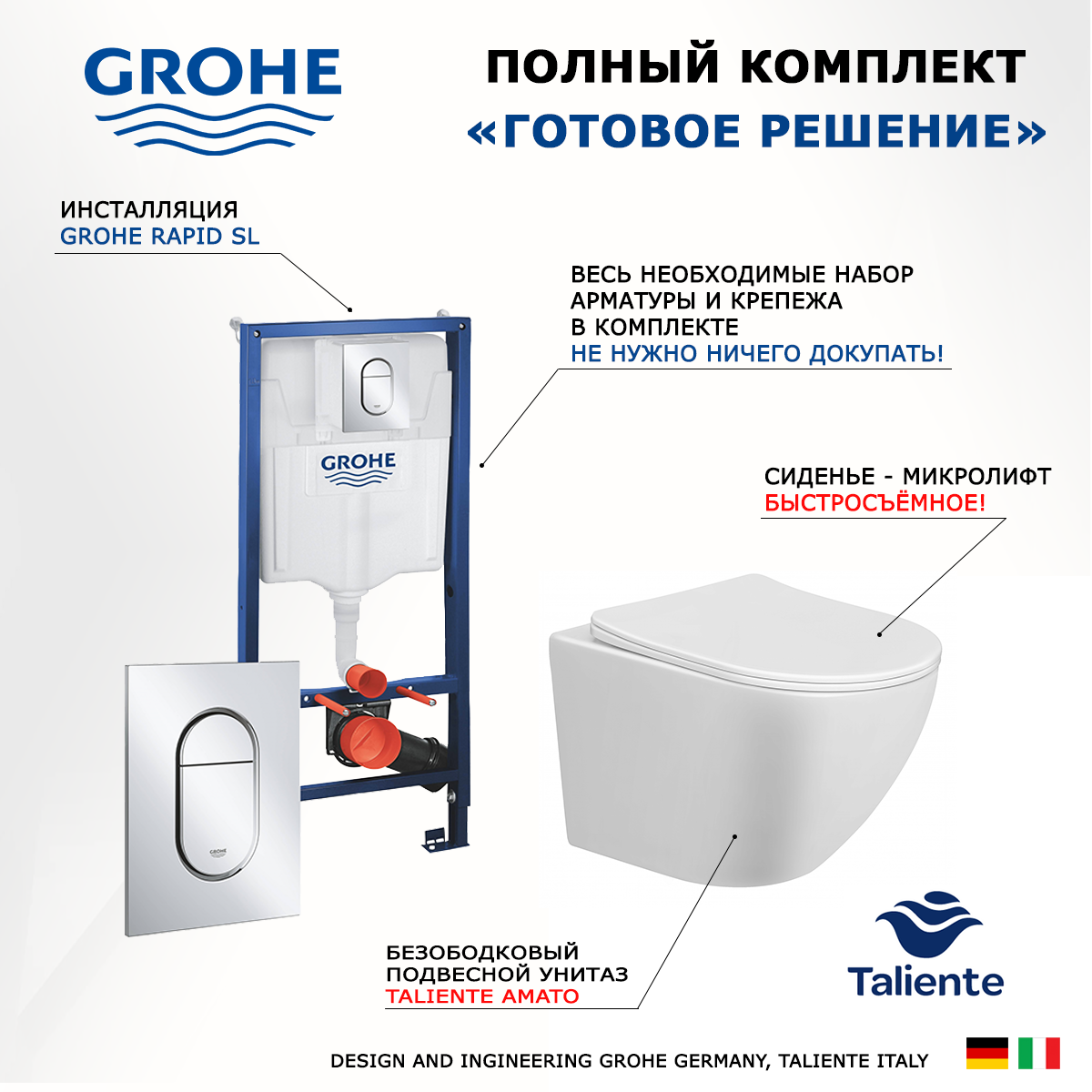 Комплект инсталляция Grohe Solido + Унитаз Taliente Amato + кнопка хром