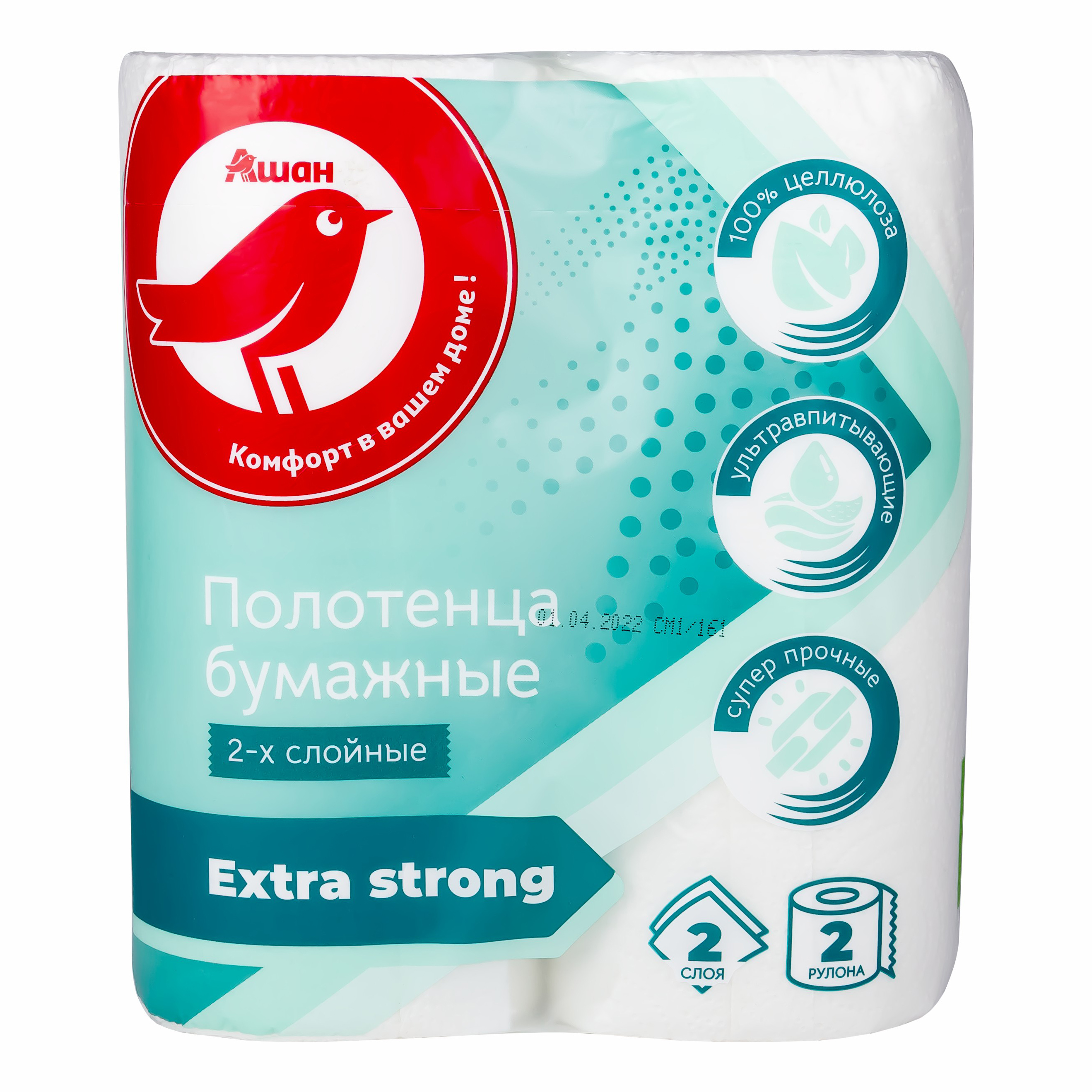 Бумажные полотенца АШАН Красная птица Extrastrong 2 слоя 2 рулона