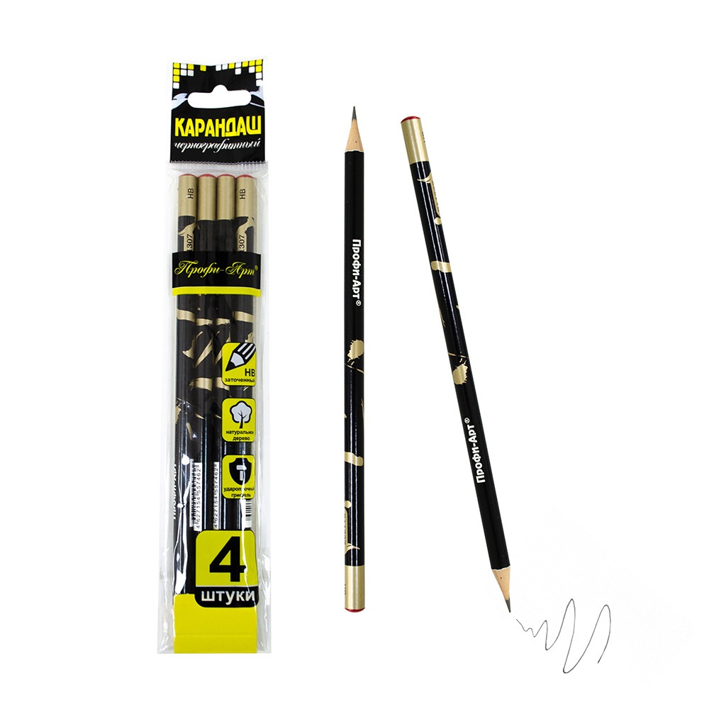 Карандаши чернографитные Профи-Арт РА1307 HB Золотые капли корпус дерево без ластика 4 шт.