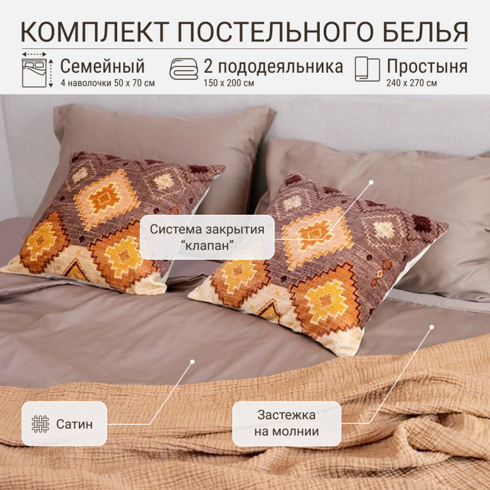

Комплект постельного белья TKANO семейный из сатина светло-коричневого цвета Essential, Essential