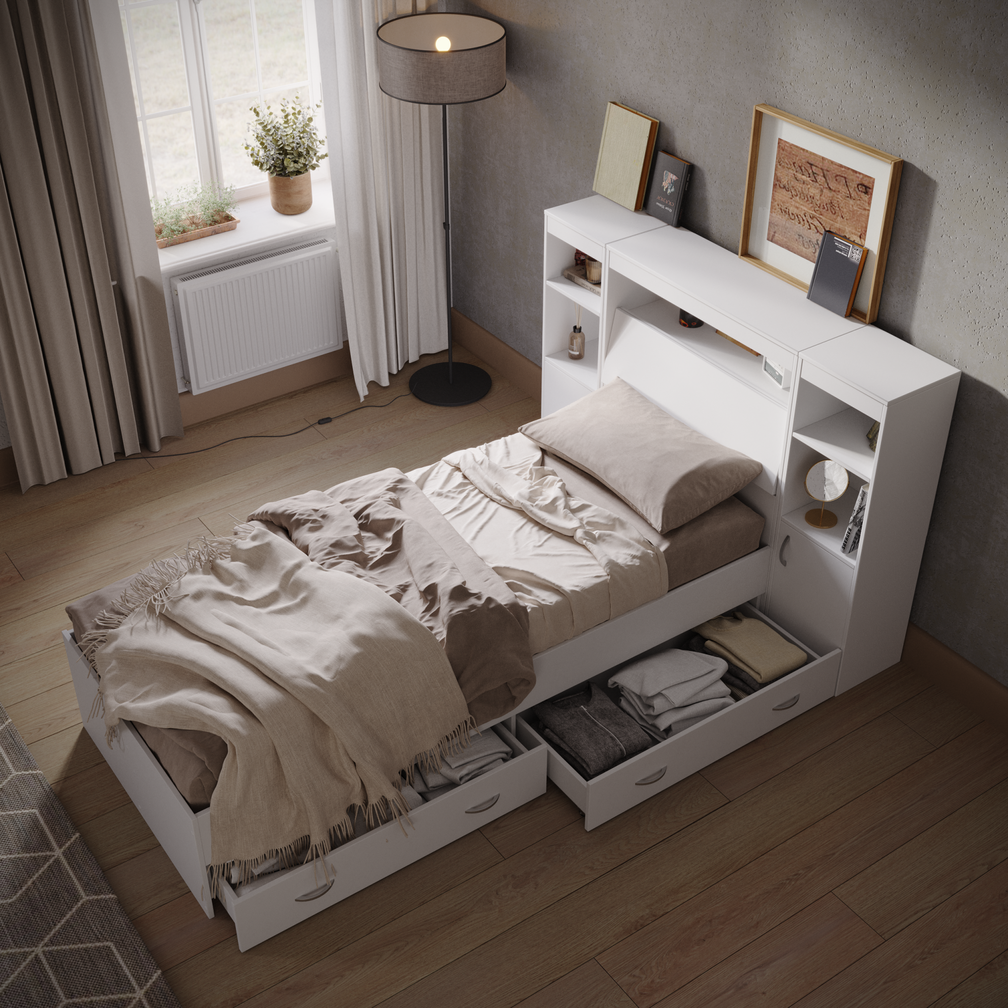 Кровать RuHome24 Виктория 90х200 с ящиками белая с блоком и двумя тумбами