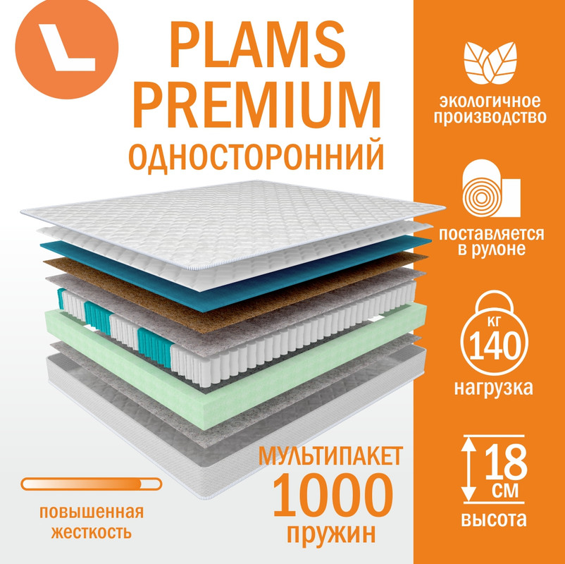 

Матрас пружинный Plams Premium 90х185 односторонний, Белый, Plams Premium