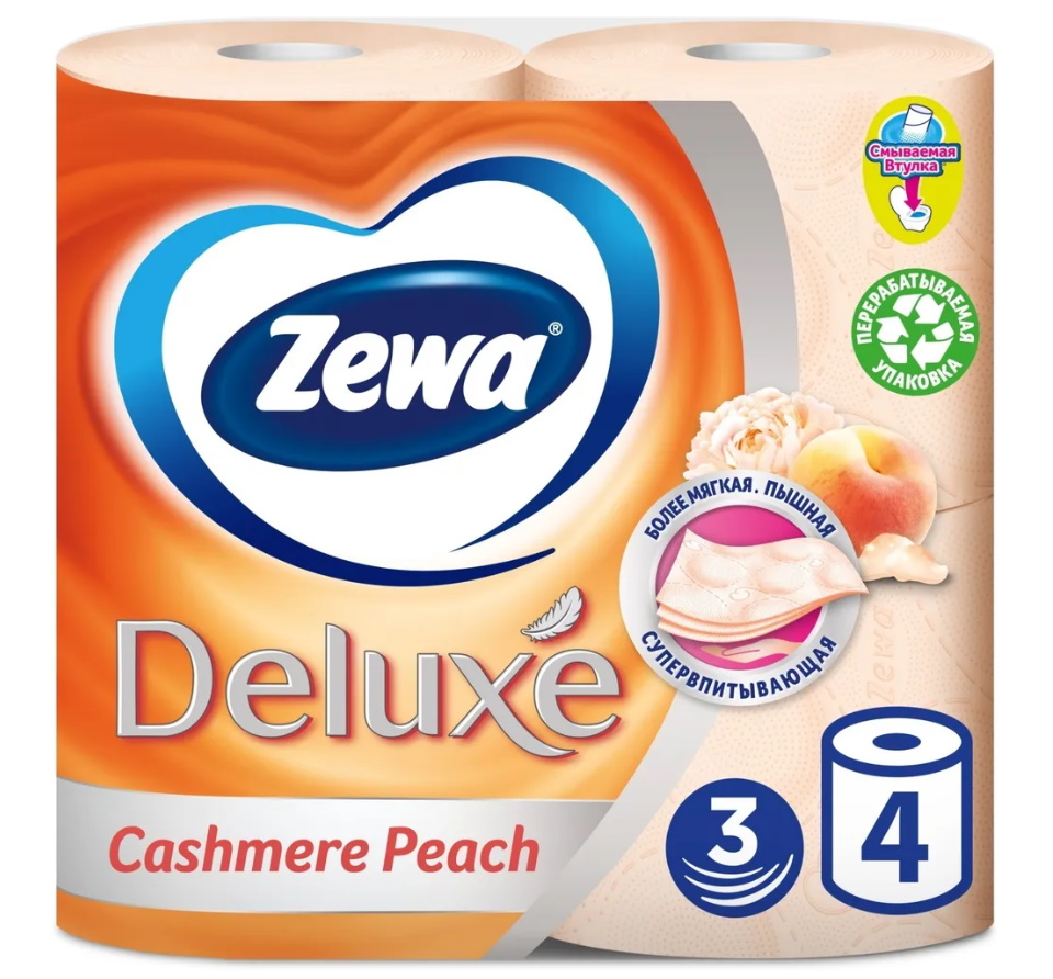 

Туалетная бумага Zewa Deluxe Персик трехслойная 4 шт.