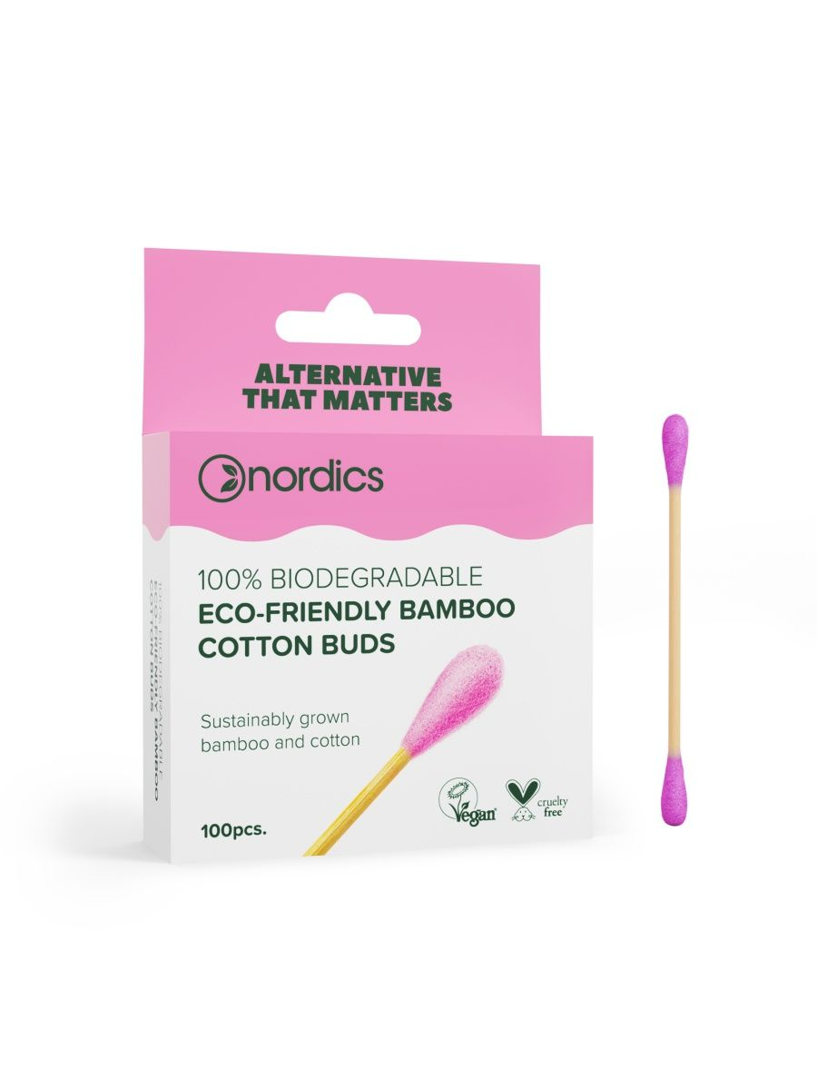 Палочки ватные Nordics Eco-Friendly Bamboo Cotton Buds розовые, 100 шт. aura ватные палочки для ежедневного применения pure cotton в полиэтилене с автозапайкой 400 шт