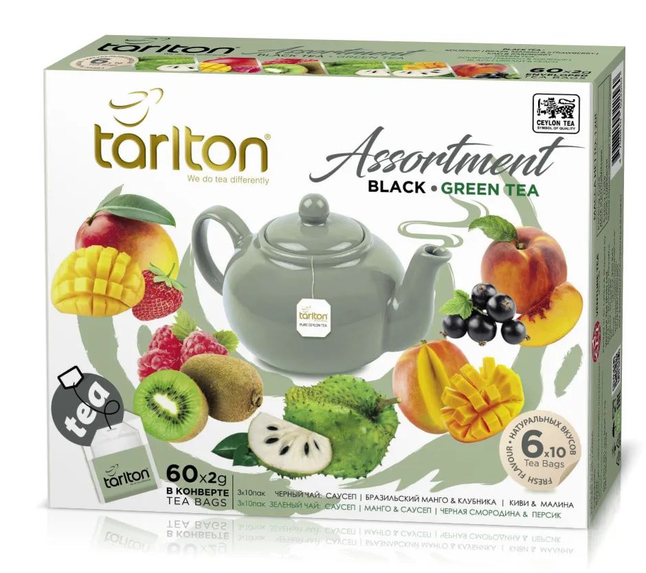 

Чай Tarlton чёрный и зелёный ассорти, 6 вкусов по 10 пак., 120г. Sri Lanka