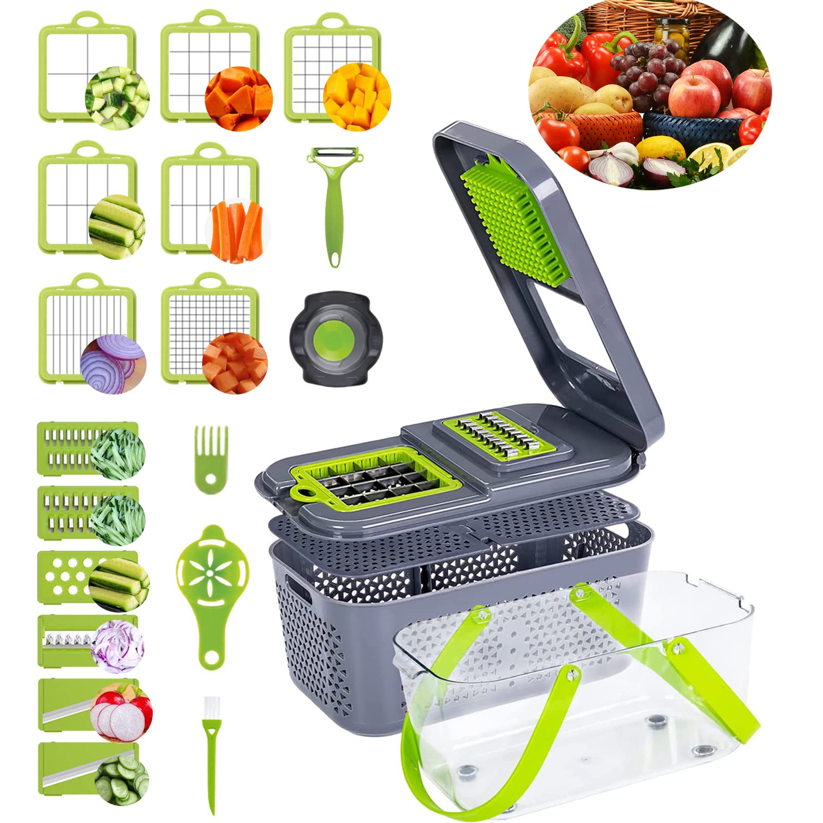 Многофункциональная ручная терка , овощерезка с контейнером 22 в 1 Veggie Slicer 22 in 1 серый,  зеленый