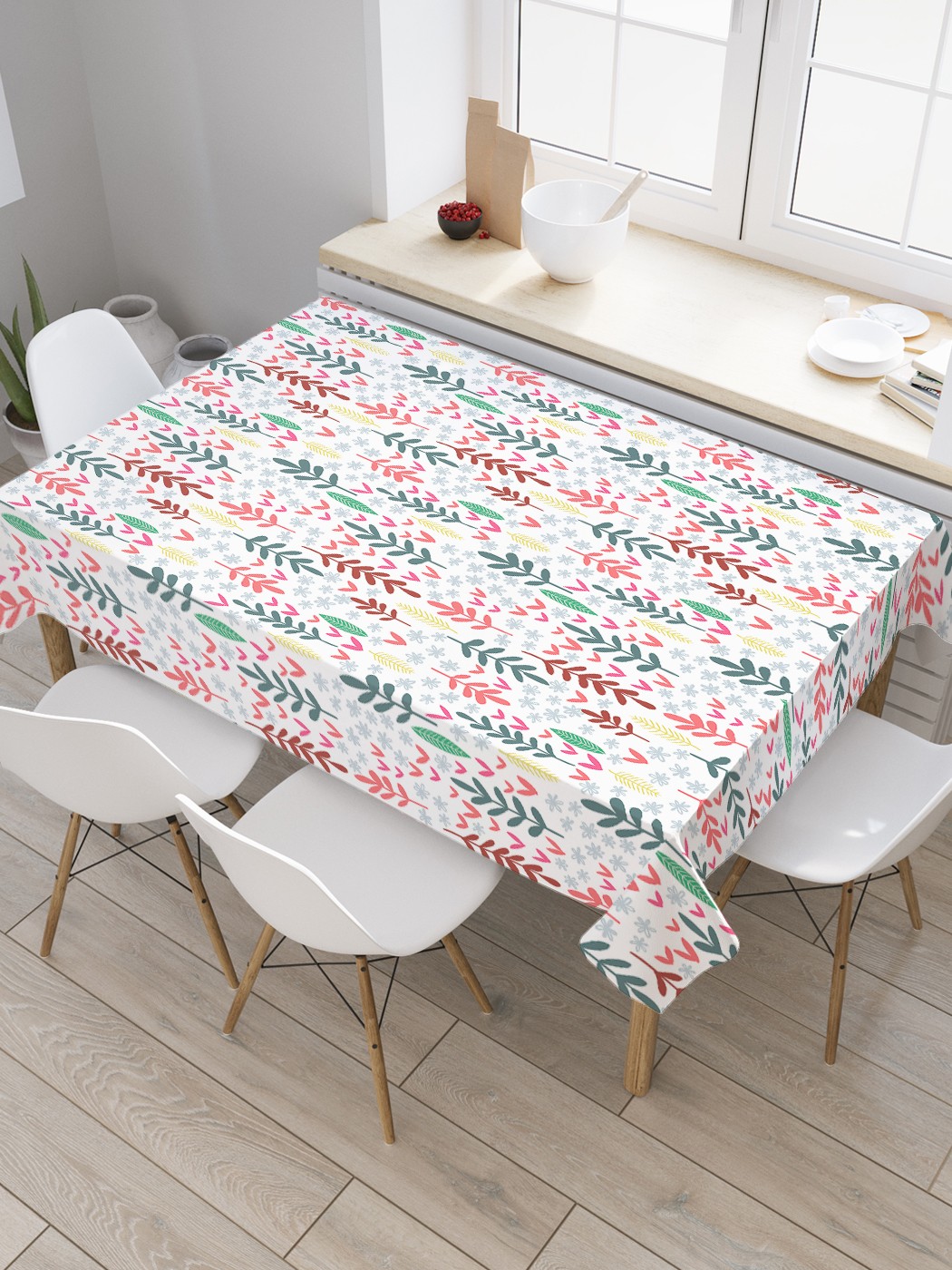 

Скатерть JoyArty "Цветные листочки и снежные цветочки" из оксфорда, 180x145 см, Бежевый, Цветные листочки и снежные цветочки