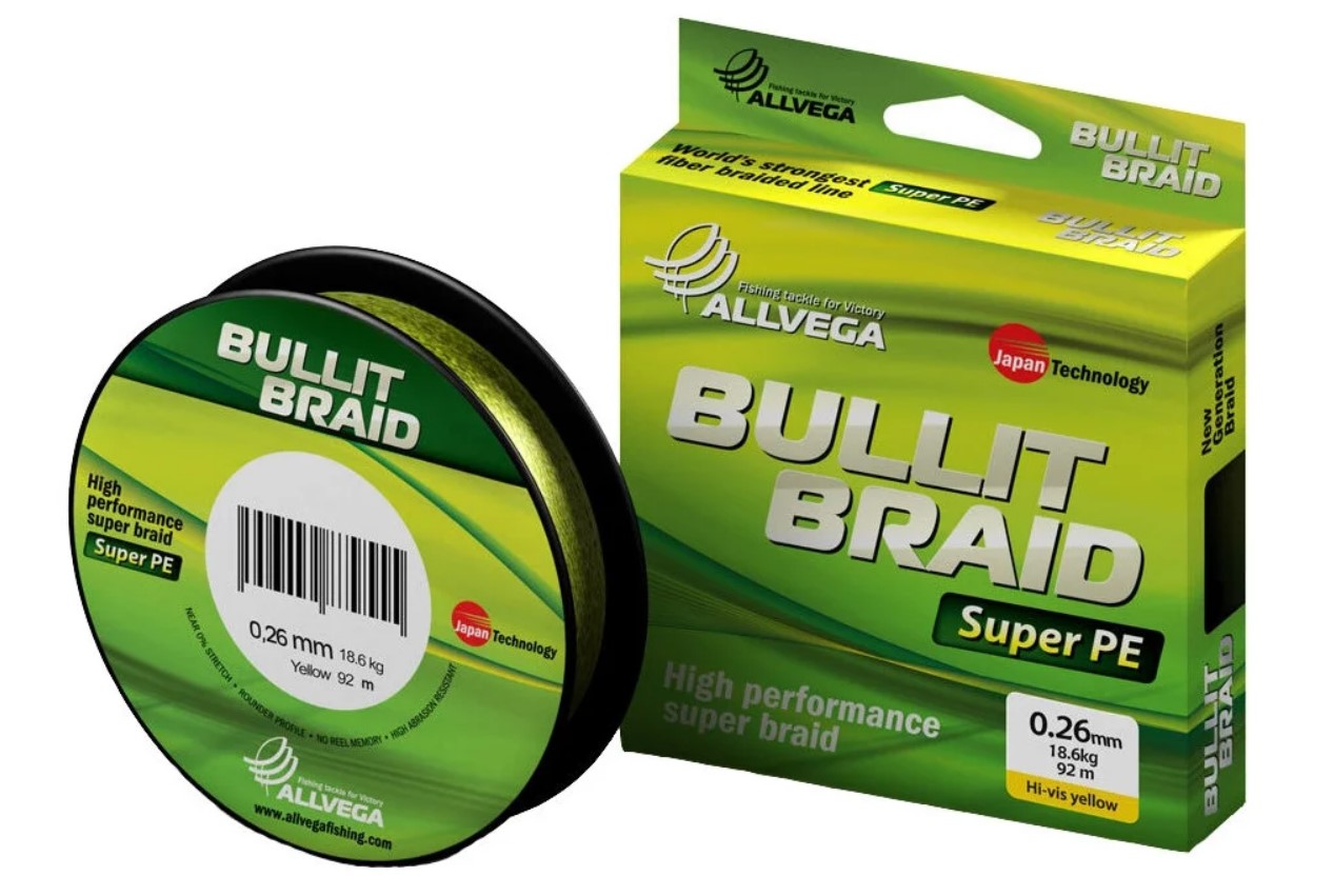 

Плетеный шнур Allvega "Bullit Braid" 92м 0,26мм 18,6кг (ярко-желтая), Желтый, Bullit Braid