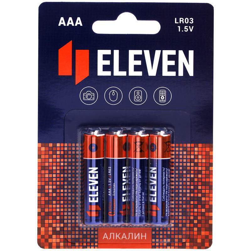 Батарейка Eleven AAA (LR03) алкалиновая, BC4, комплект 24 батарейки (6 упак. х 4шт.) алкалиновые пуговичные батарейки gp