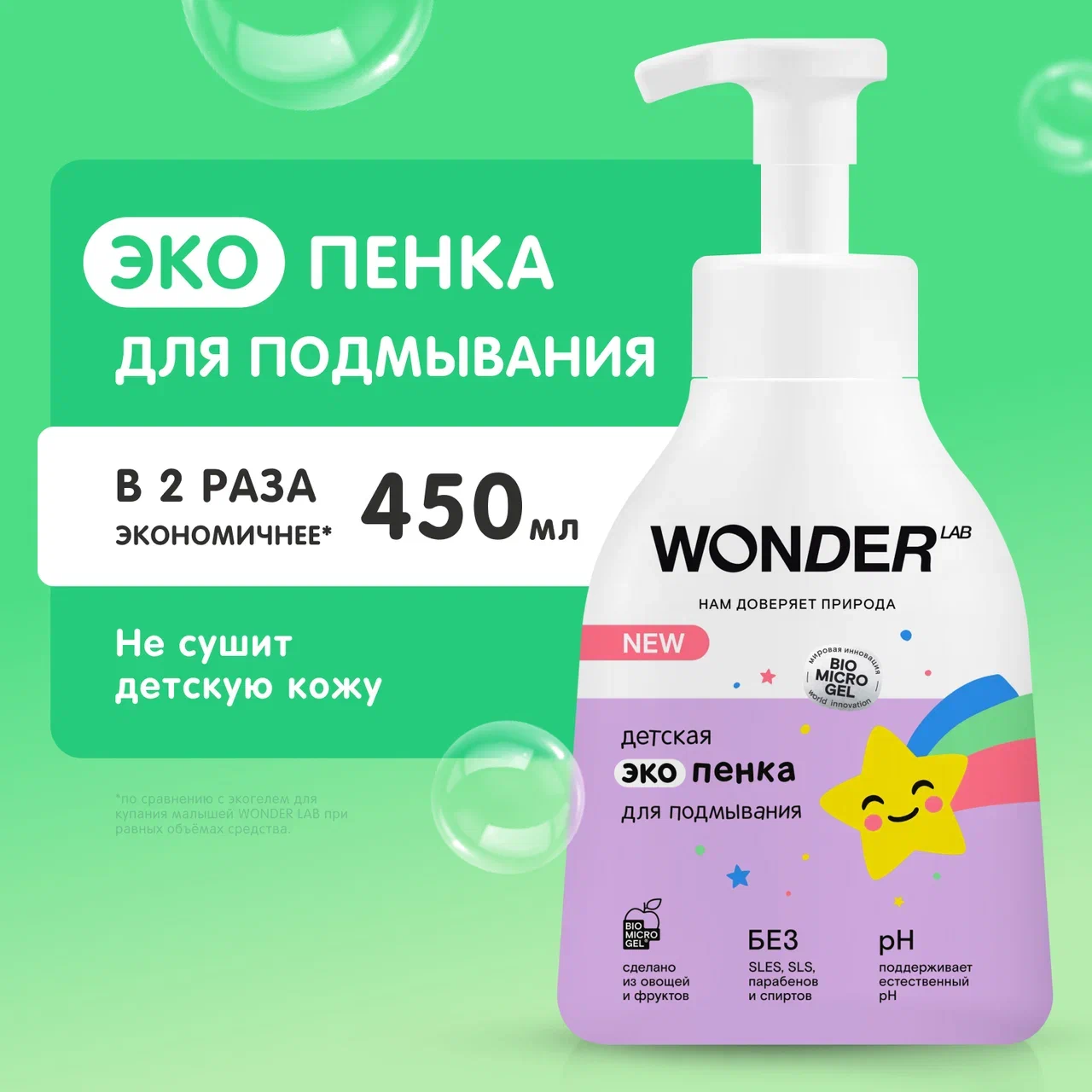 Средство для подмывания малышей 0+ WONDER LAB, без запаха, эко пенка для детей, 450 мл