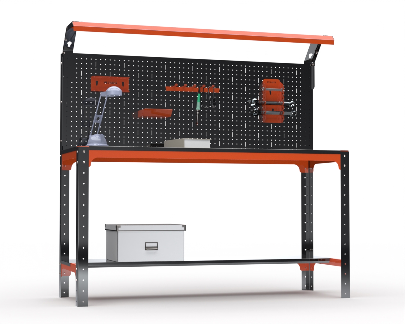 

Стол металлический Metalex серия KIT 750х1100х600, 1 полка + перфопанель с комп. освещения