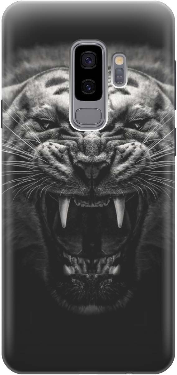 

Силиконовый чехол на Samsung Galaxy S9+ с принтом "Оскал тигра", Серый;черный, 905