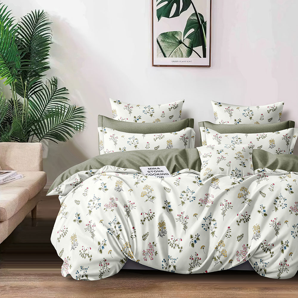 Комплект постельного белья КотБаюн сатин Цветочки с зеленым двуспальный