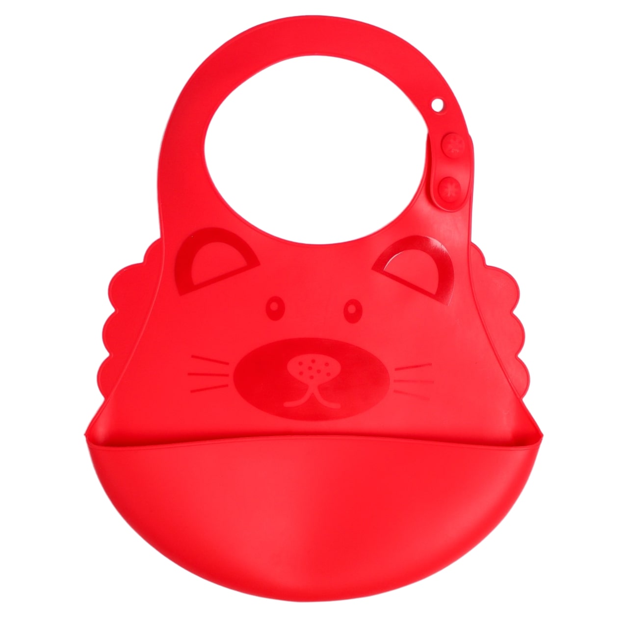 фото Нагрудник детский силиконовый с карманом, «котик», цвет красный mum&baby
