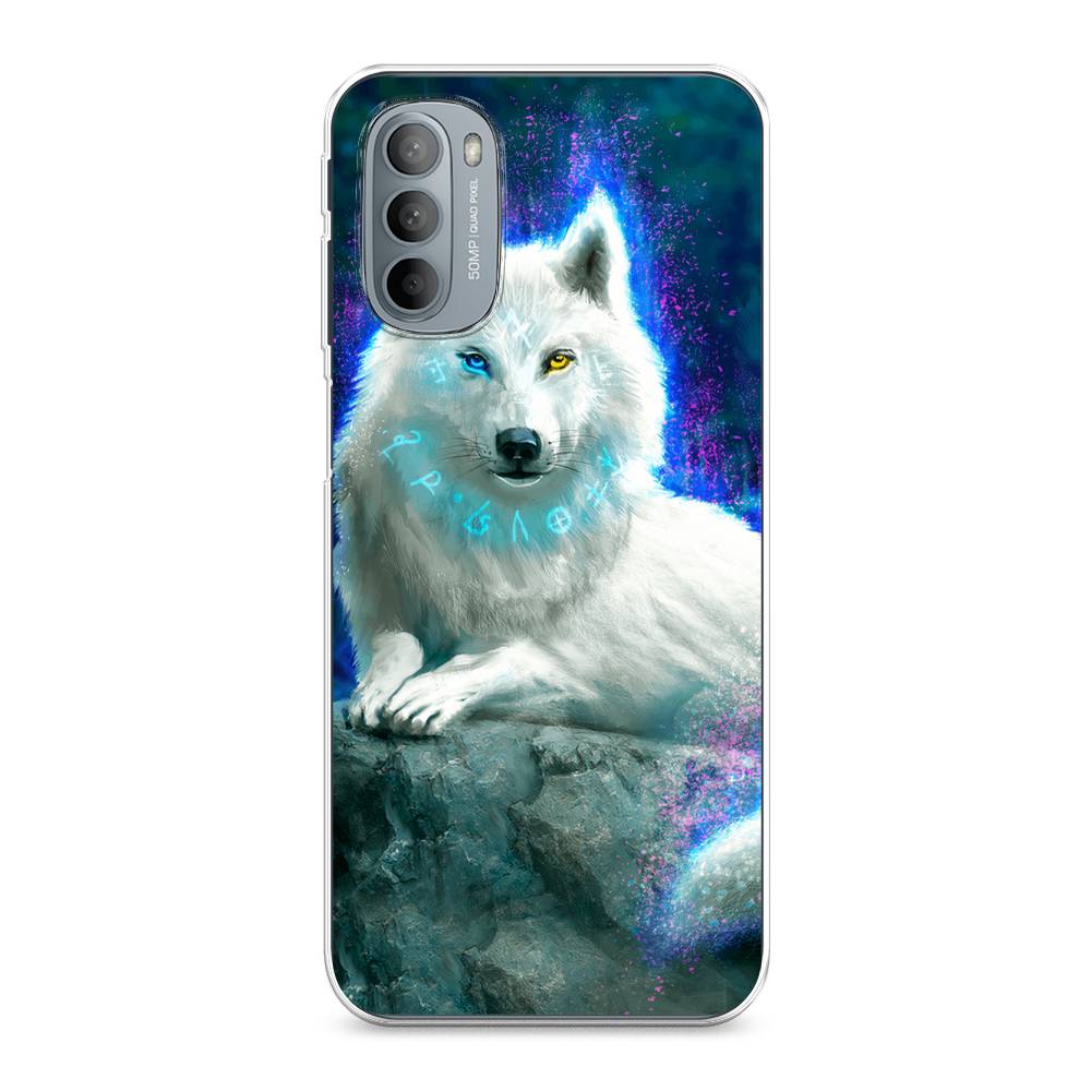 

Чехол Awog на Motorola Moto G31 / Моторола Мото G31 "Белоснежный волк", Белый;зеленый;фиолетовый