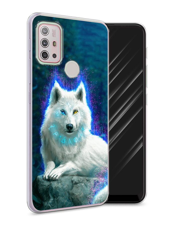 

Чехол Awog на Motorola Moto G10 / Моторола Мото G10 "Белоснежный волк", Белый;зеленый;фиолетовый
