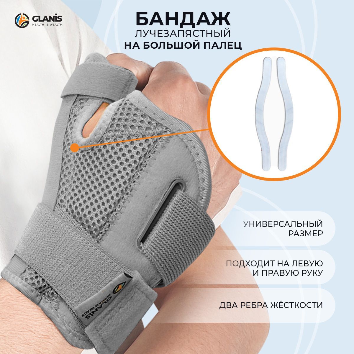 Бандаж Glanis Thumb BraceL, на лучезапястный сустав и большой палец, one size