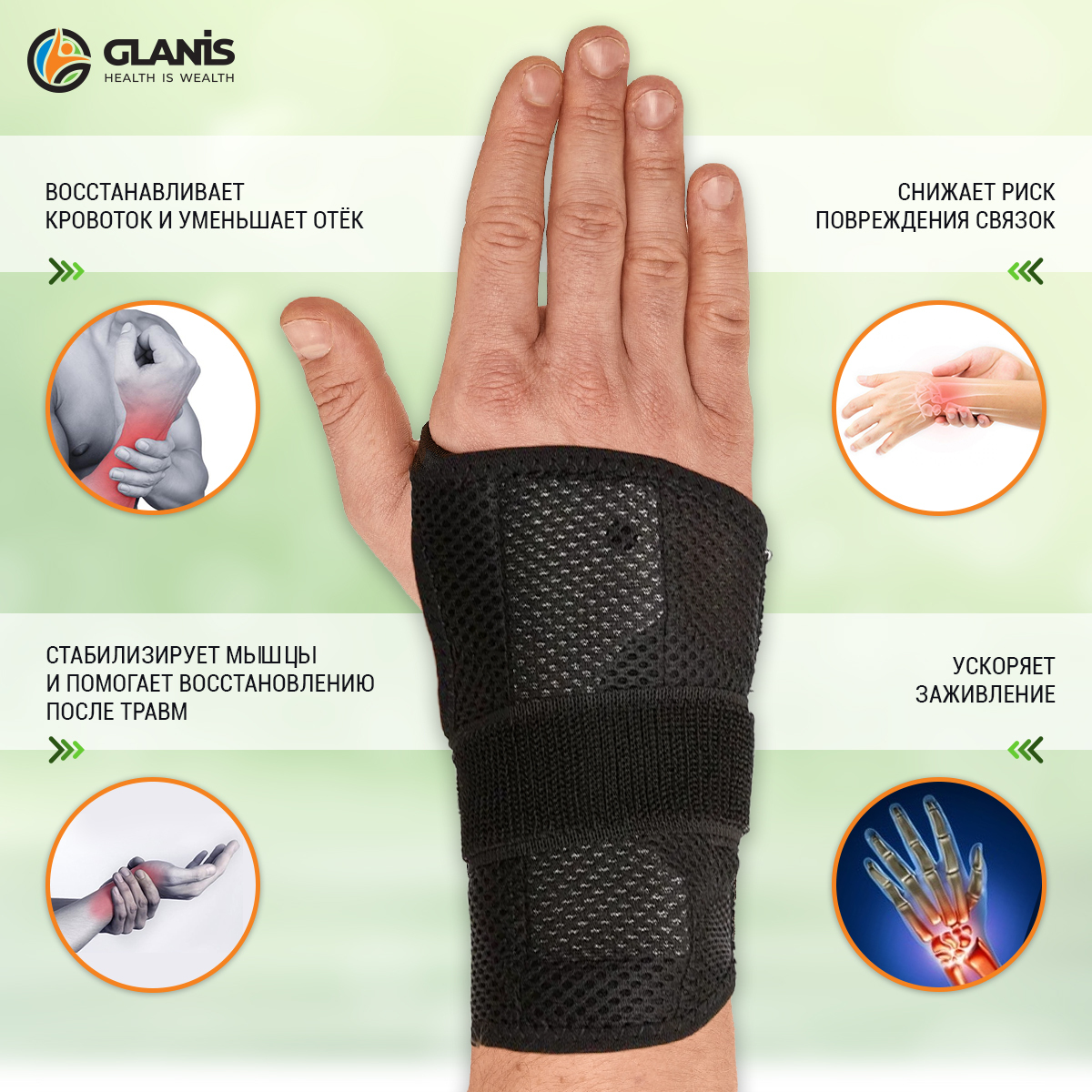 Бандаж лучезапястный Glanis Wrist BraceX на правую руку, размер S