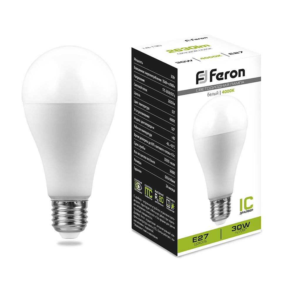 

Лампочка светодиодная FERON LB-130, 30Вт E27 175-265V упаковка 10 шт 38195, LB-130