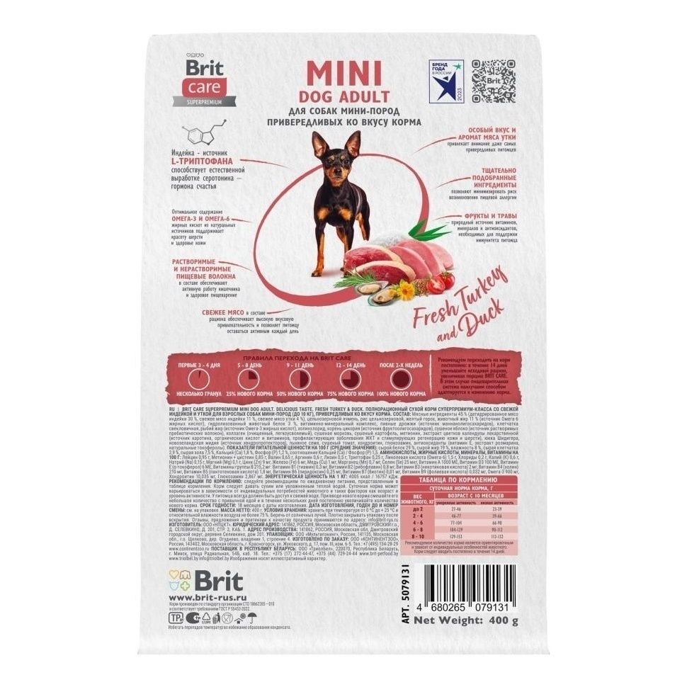 Сухой корм Brit Care Superpremium Mini Dog Adult с индейкой и уткой для собак 400 г