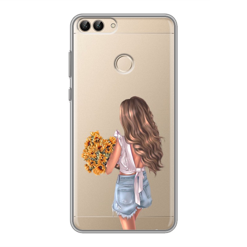 

Полупрозрачный дизайнерский силиконовый чехол для Huawei P Smart Девушка с букетом