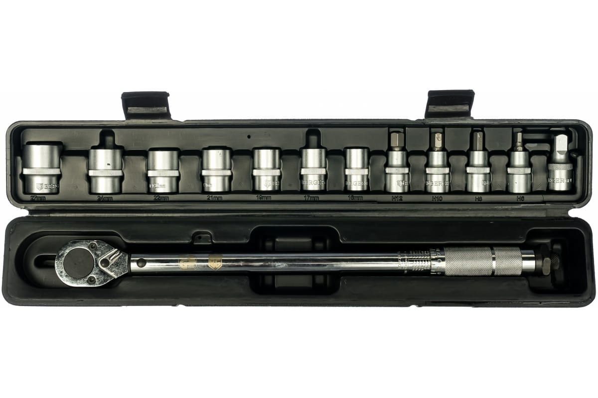 Ключ динамометрический щелчковый с набором головок 13 предметов berger bg 1/2 28-210 нм (п ключ динамометрический арсенал 3 8 19 110нм щелчковый