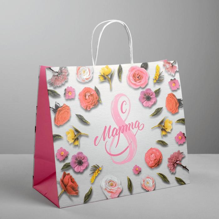 

Пакет подарочный крафт «С 8 Марта», 32 х 28 х 15 см, Розовый, Подарочная упаковка 8 марта