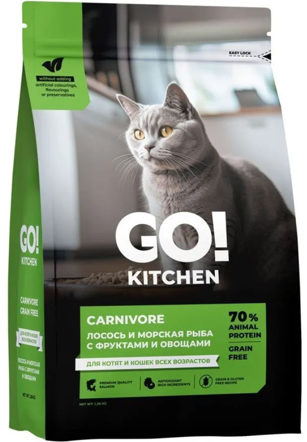 Сухой корм Go Kitchen с лососем и морской рыбой для котят и кошек 1,36 кг