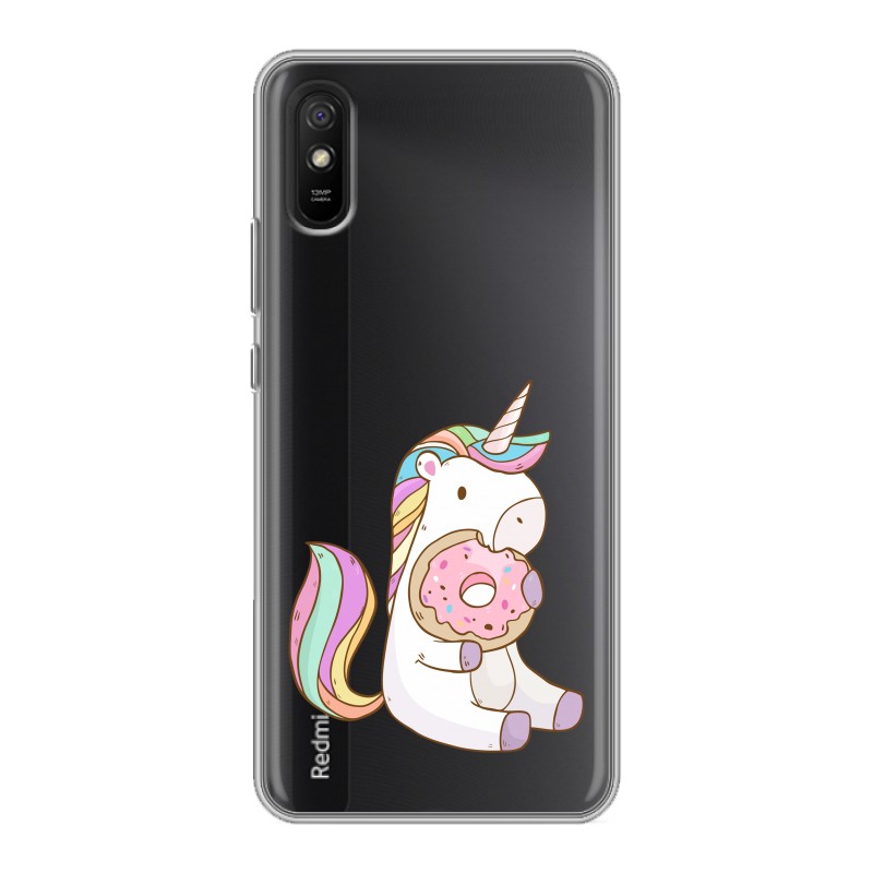 

Полупрозрачный дизайнерский силиконовый чехол для Xiaomi RedMi 9A Единорог и пончик