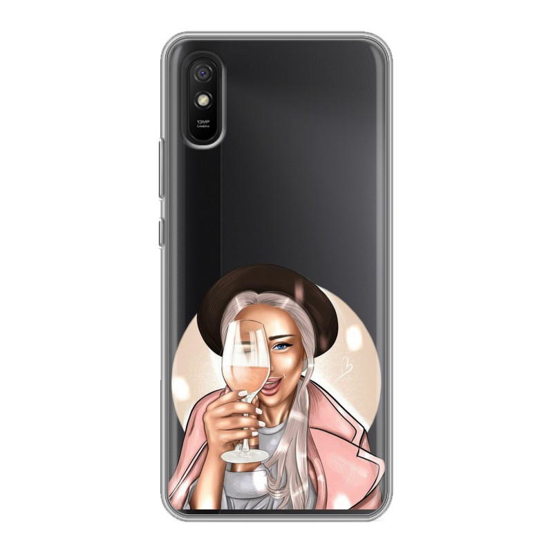 

Полупрозрачный дизайнерский силиконовый чехол для Xiaomi RedMi 9A Девушка с бокалом