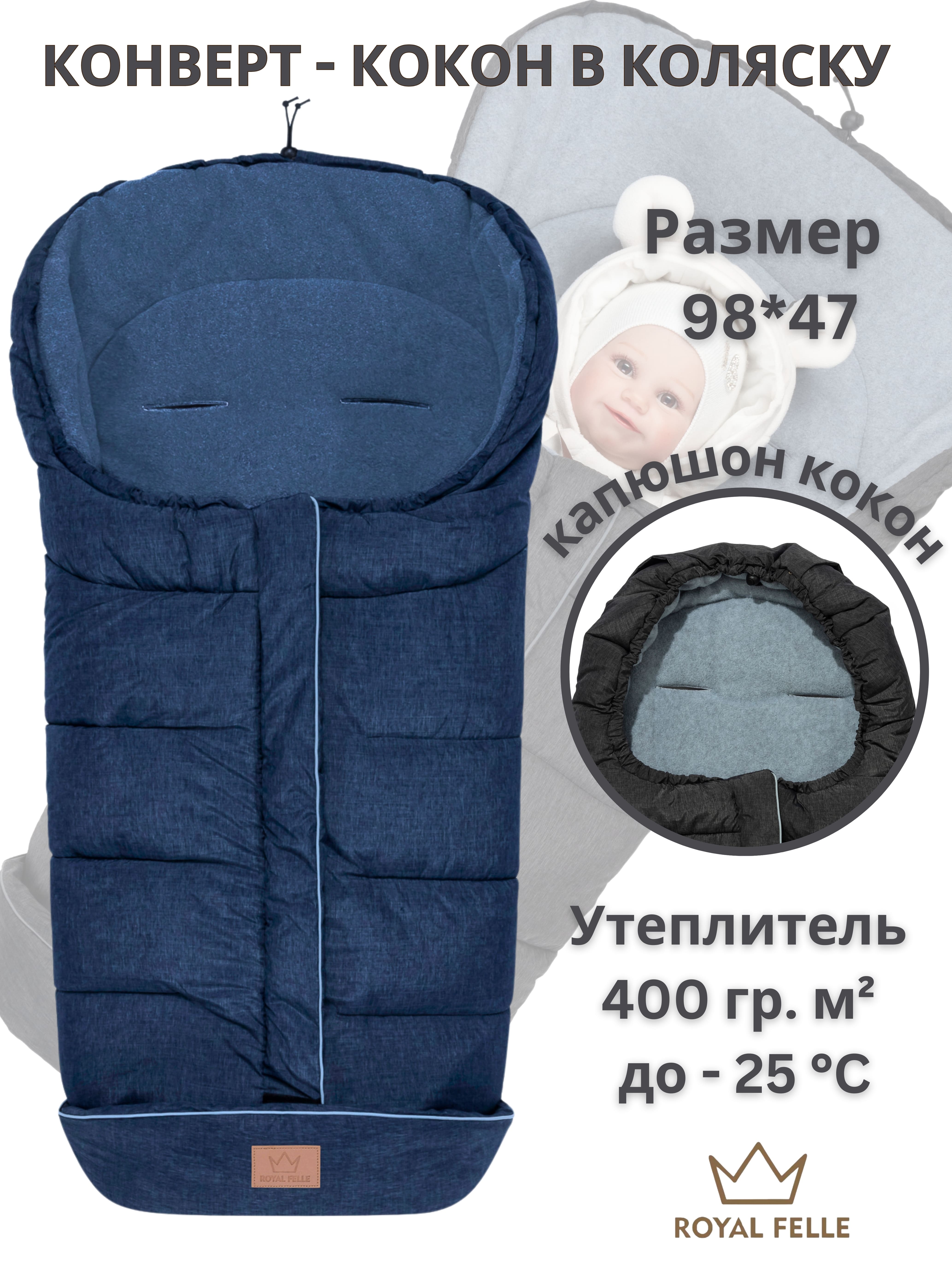 Конверт в коляску для новорожденных зима осень Royal Felle Winter синий меланж 3800₽
