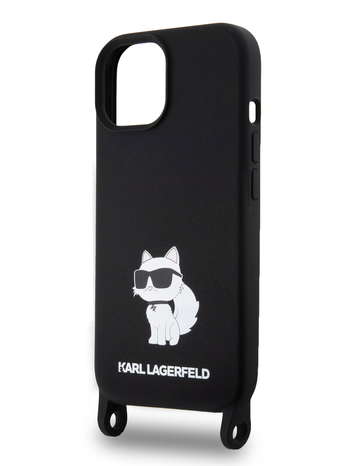 Black Karl Lagerfeld iPhone 15 Plus case featuring a soft-touch finish and a strap.
